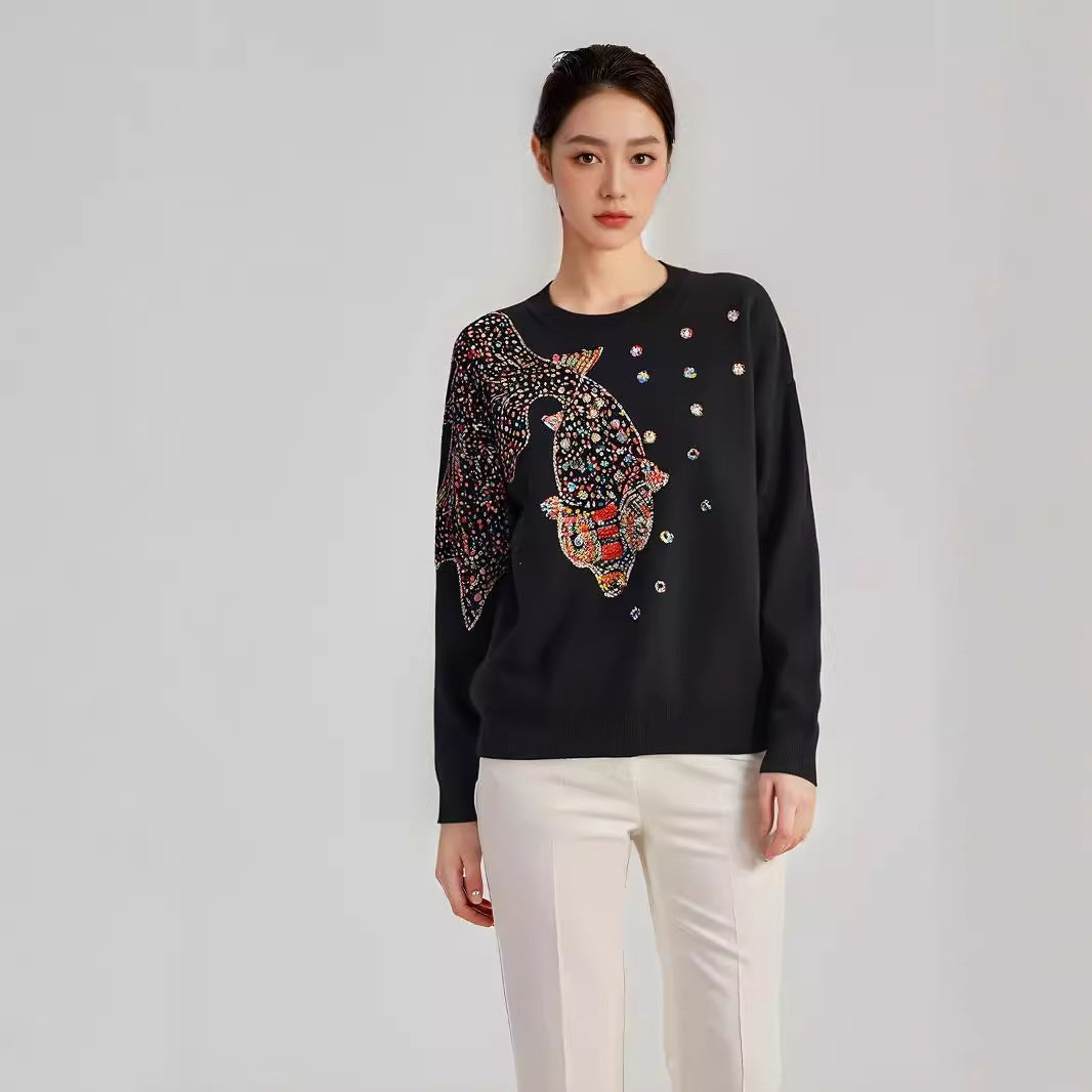 Women's Beads Rhinestones Goldfish Sequined Pullover Sweater