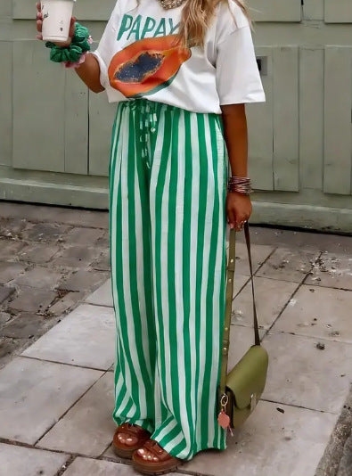 Striped Loose-fit Slimming Casual Wide-leg Floor-length Pants