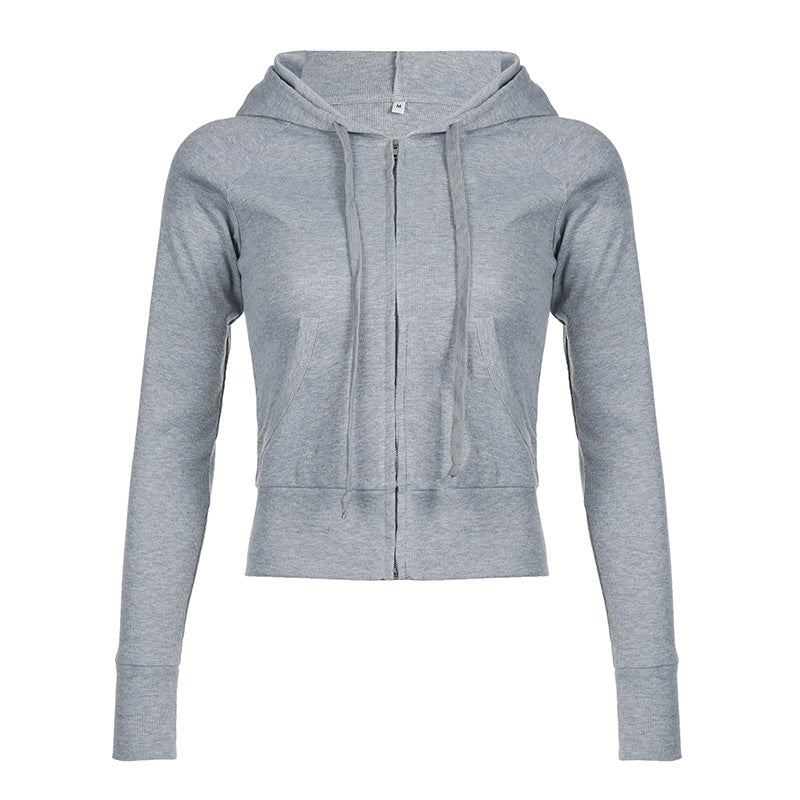 Gray Hooded Sweater Women's Short Solid Color Cardigan Zipper Coat