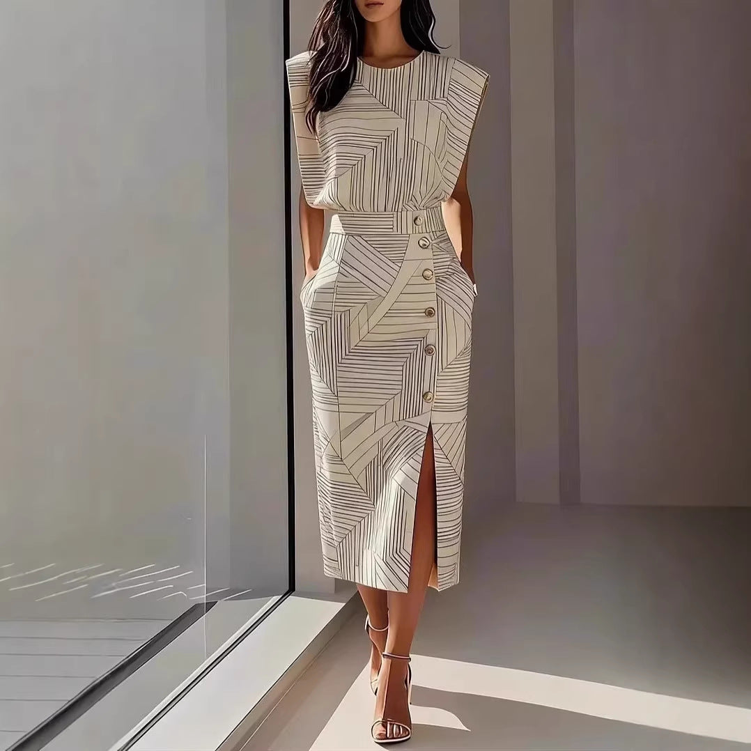 Womens Printed Sleeveless Top And Slit Long Skirt Set