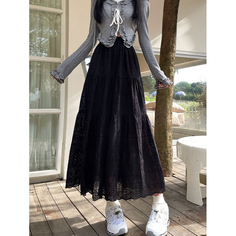 New French Style Retro Elastic Waist Pure Cotton Embroidery Long Dress