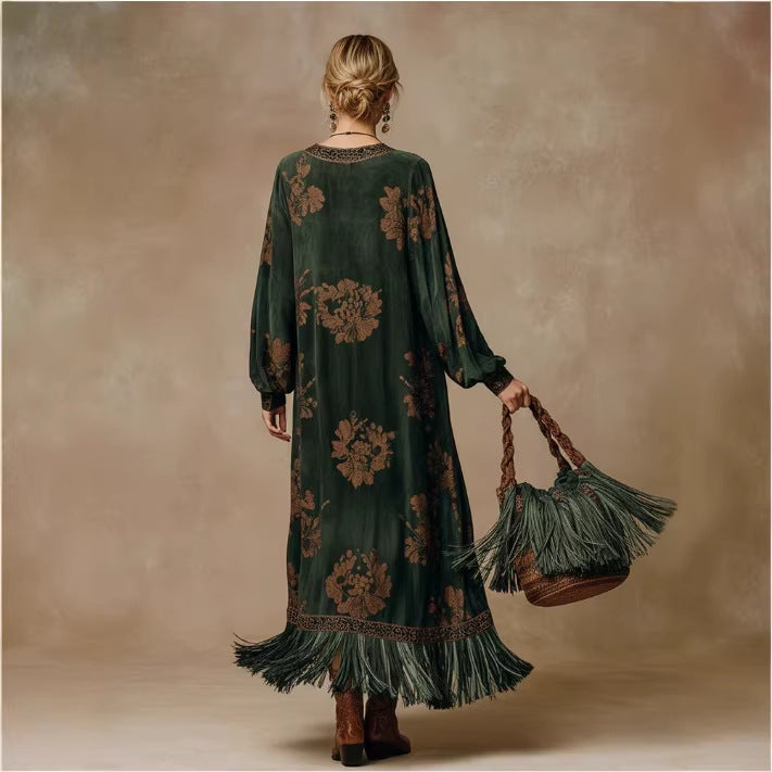Retro Silhouette-printed Green Faux-suede Fringed Maxi Dress