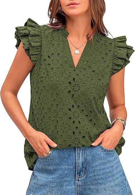 Women's Eyelet Top Fashion Casual V-neck Pleated Cover Sleeve Lace Embroidered Shirt