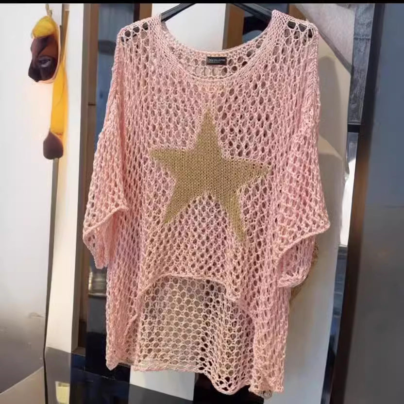 Five-Star Round Neck Sweater Women's Three-quarter Sleeve Top