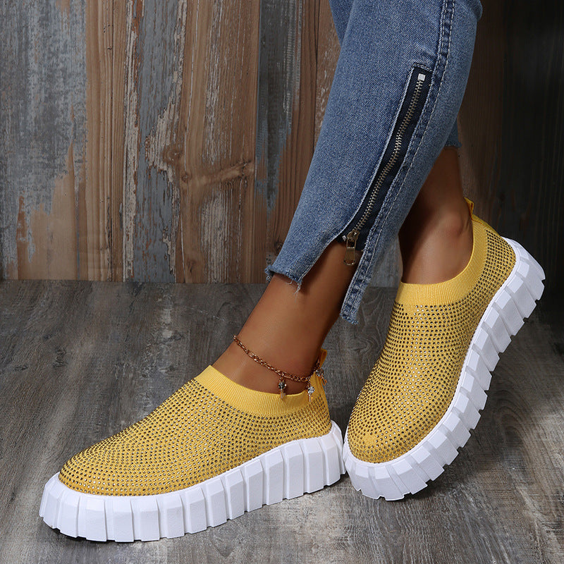 Large Size Thick Bottom Rhinestone Solid Color Mesh Casual Shoes
