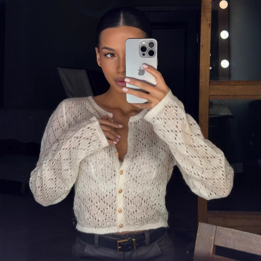 Hollow Knitted Cardigan Casual Long Sleeve Coat