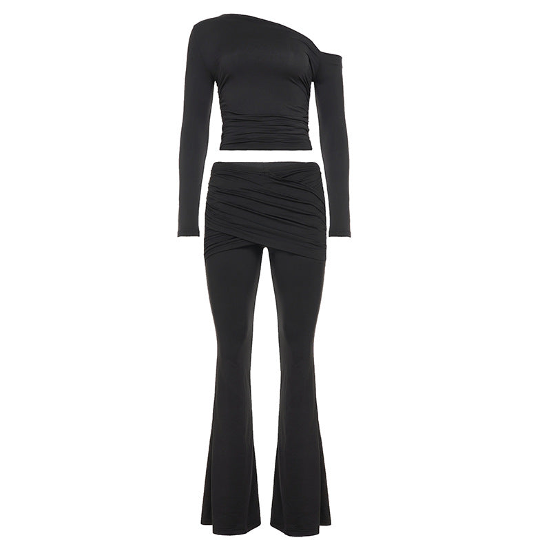 Two-piece Set Long-sleeve Top And Flared Body-hugging Pants