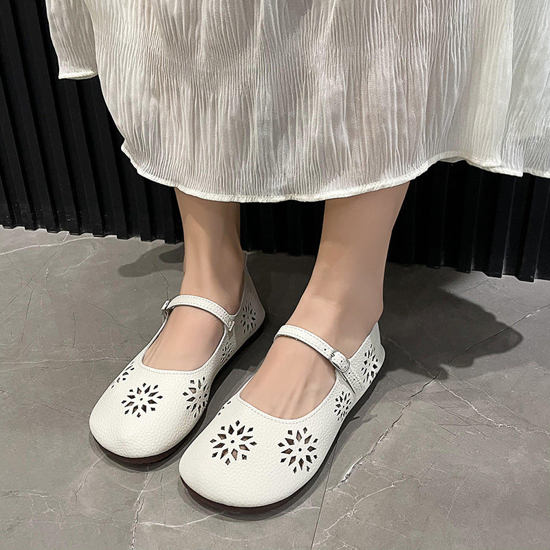 Hole Shoes Buckle Hollowed Leisure Flat Outerwear Retro Soft Leather