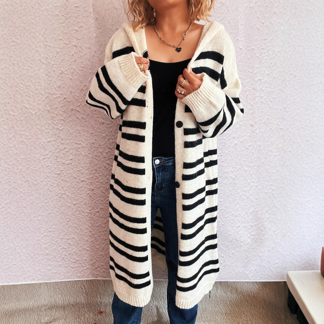 Hooded Color Contrast Striped Retro Casual Loose Sweater