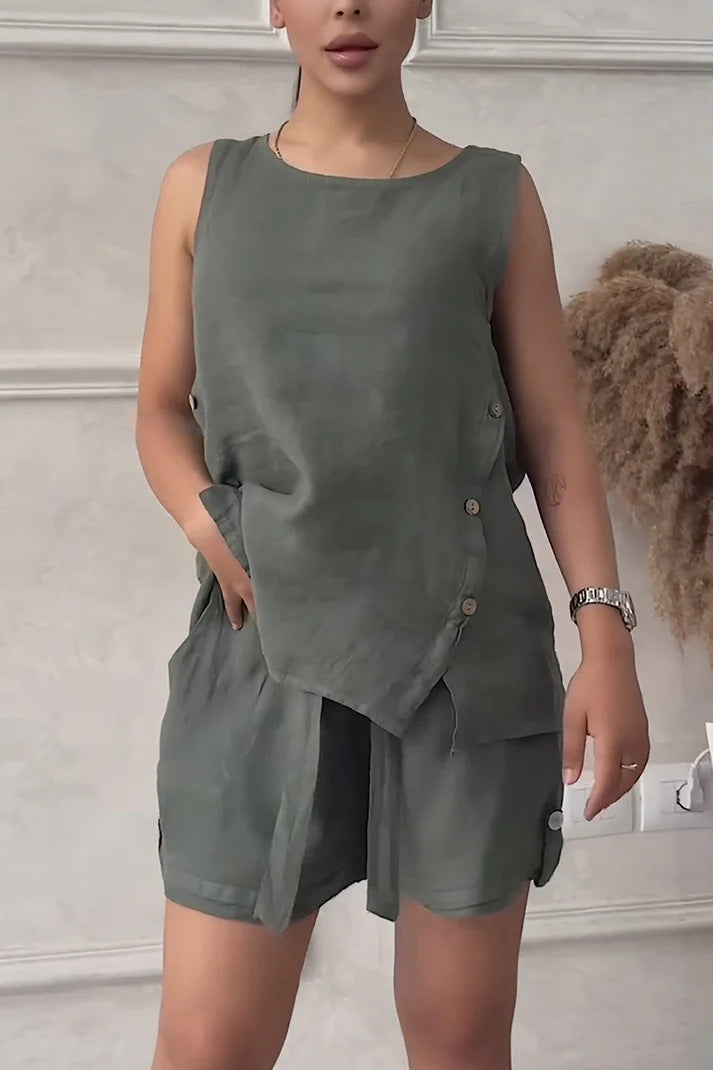 Women's Plus-size Cotton-linen Shirt Set