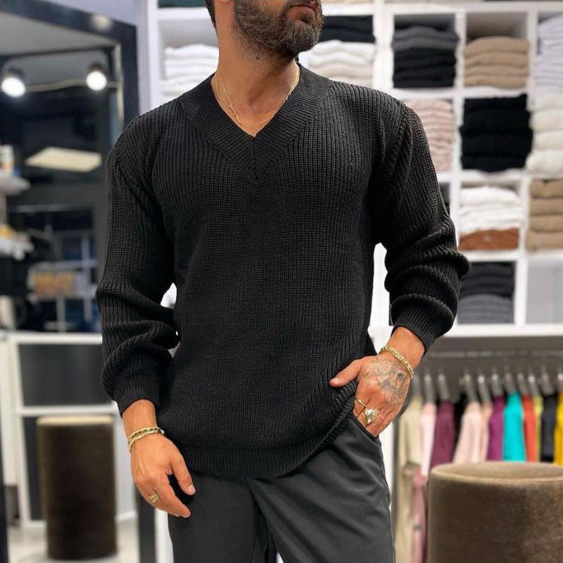 Men's Long-sleeved V-neck Solid Color Sweater