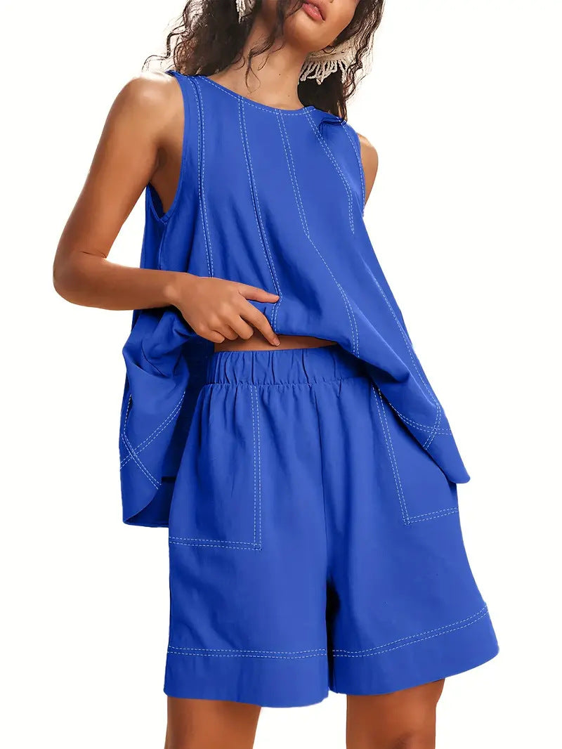 Solid-Color Elegant Crew-Neck Tank Top And Wide-Leg Shorts Set For Women