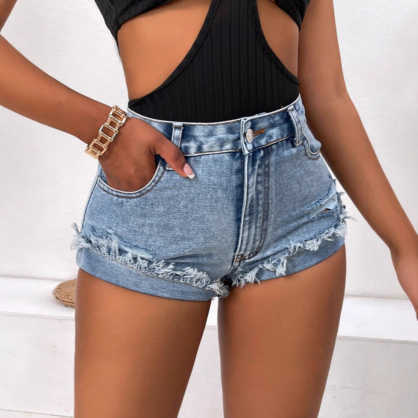 Sexede Afslappede Slankende Figursyede Denimshorts