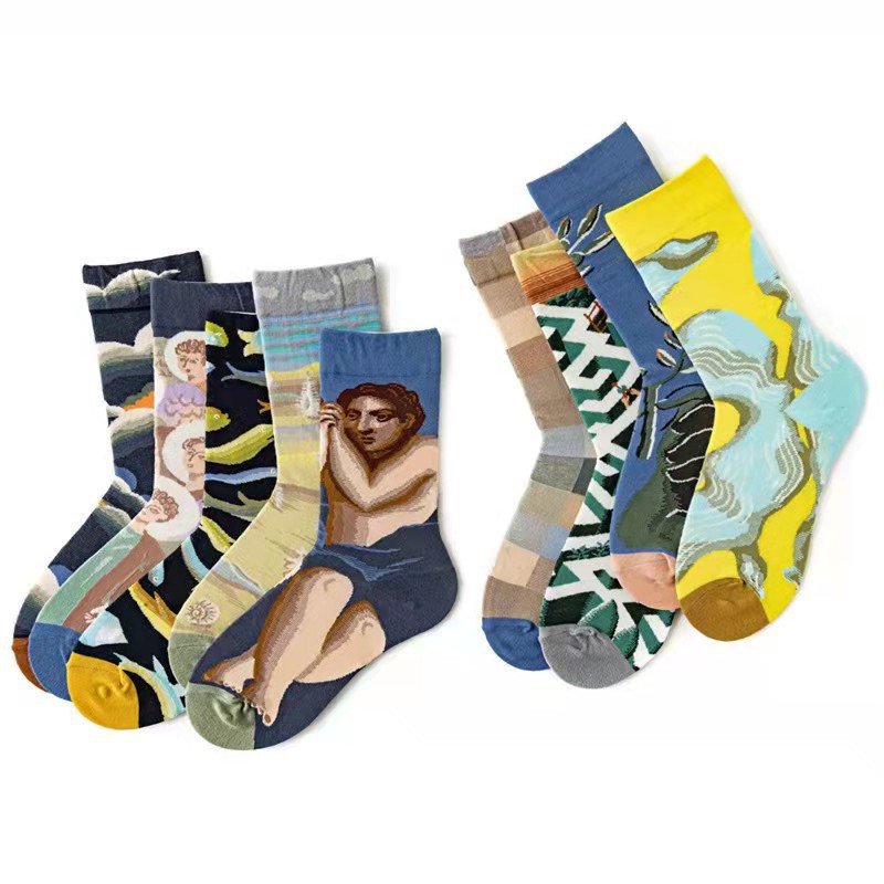 Trendy Mid-calf Length Socks Preppy Style Stockings Artistic Illustration Socks