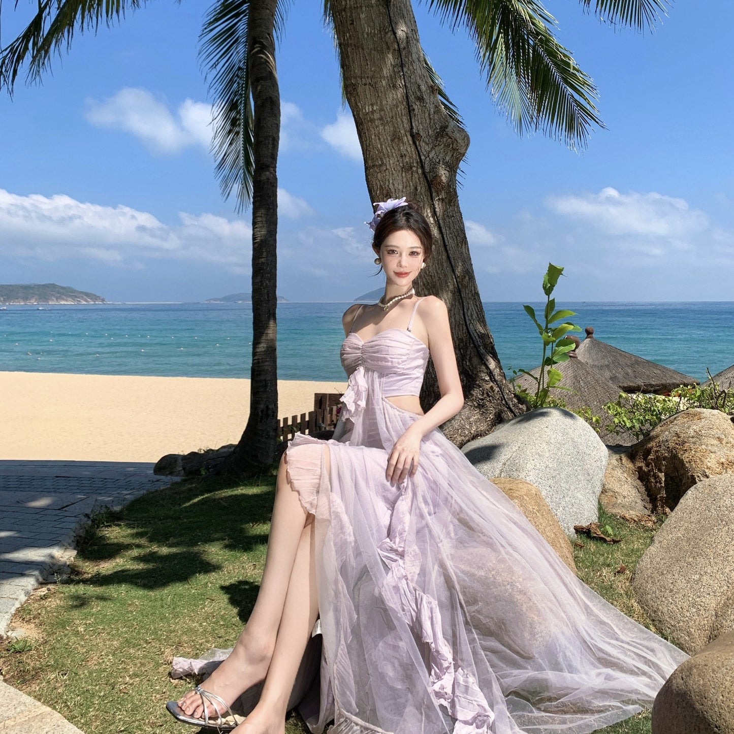 Purple Mesh Strapless Maxi Dress With A Flared Hem