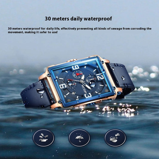Herrers selvlysende vandtæt kvadratisk multifunktionel kronografkalender-læderur