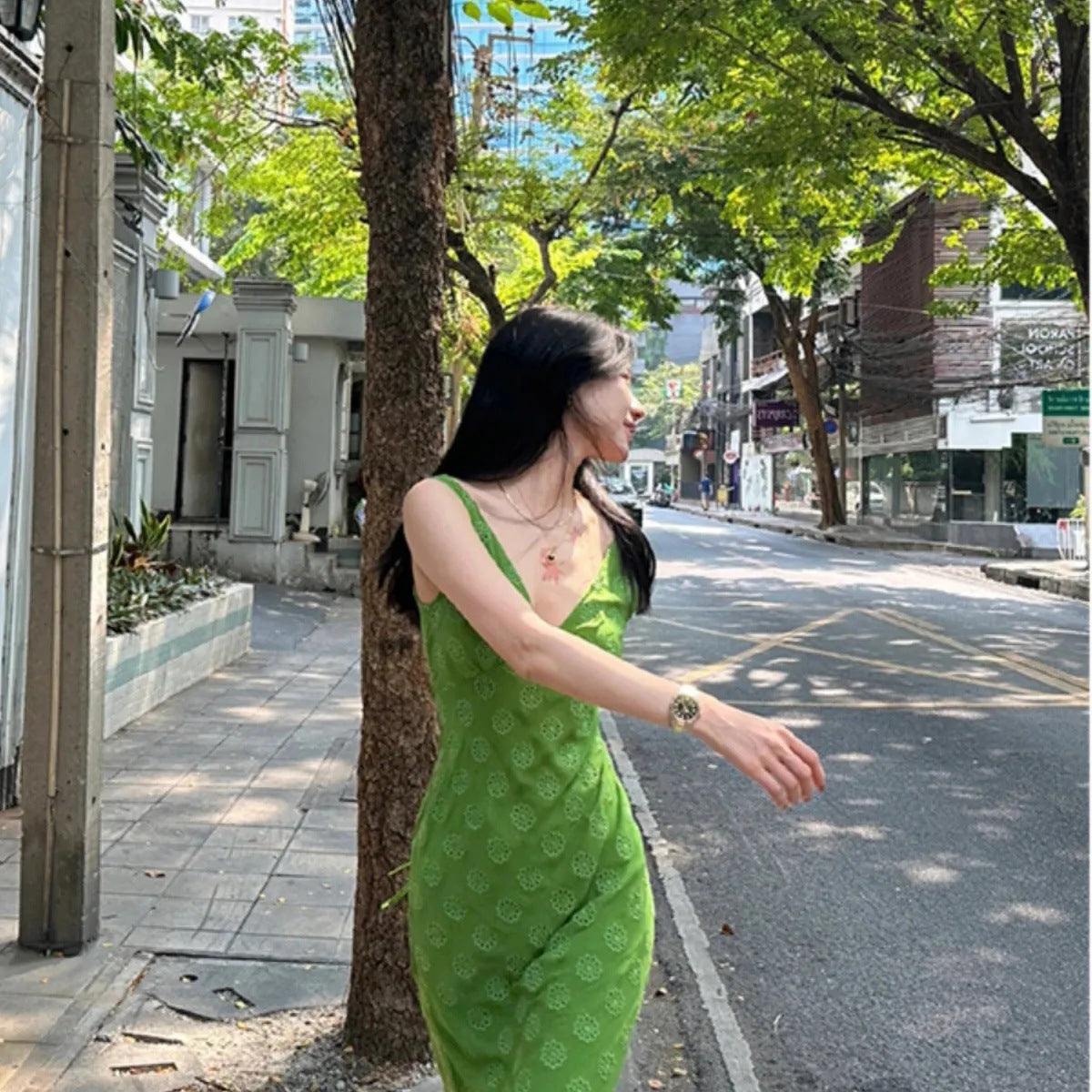 Summer New Vintage Niche Hollowed Waist-Cinching A-Line Skirt Short Dress