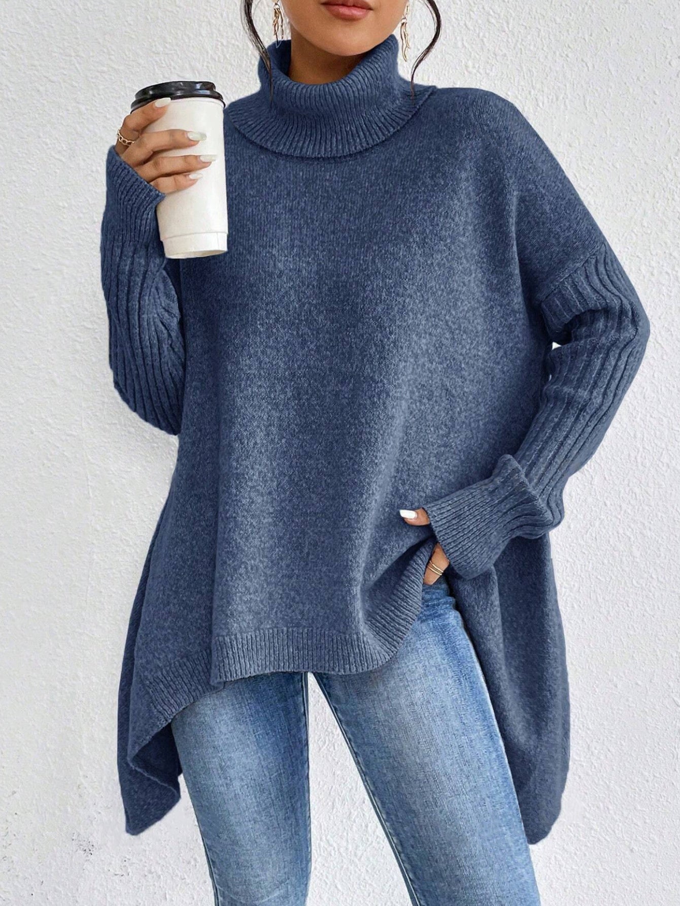 Uregelmæssig rullekrave-sweater Vinter løs langærmet striktoppe Fritids varm pullover-sweater Dametøj