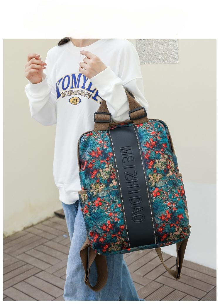 Retro Printed Wear-resistant Splash Proof Large Capacity Stitching Backpack For Women