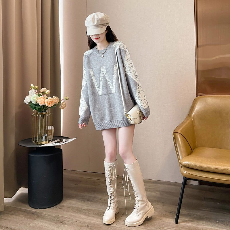 Contrast Color Letter Jacquard Crew Neck Pullover Sweater Women