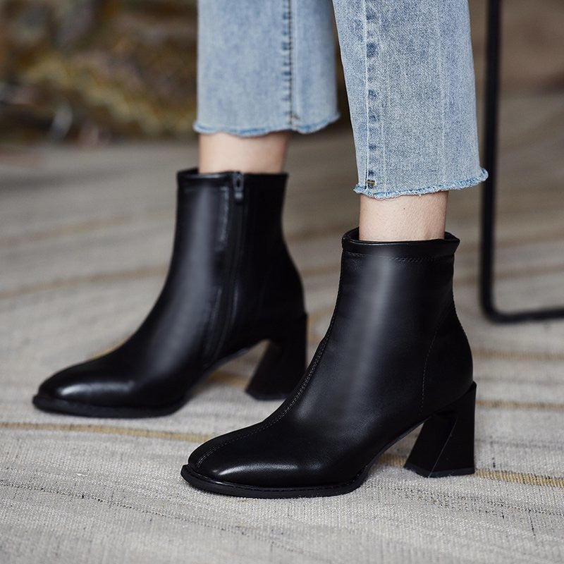 Square Toe High-heeled Women's Boots Plus Velvet Nude Short