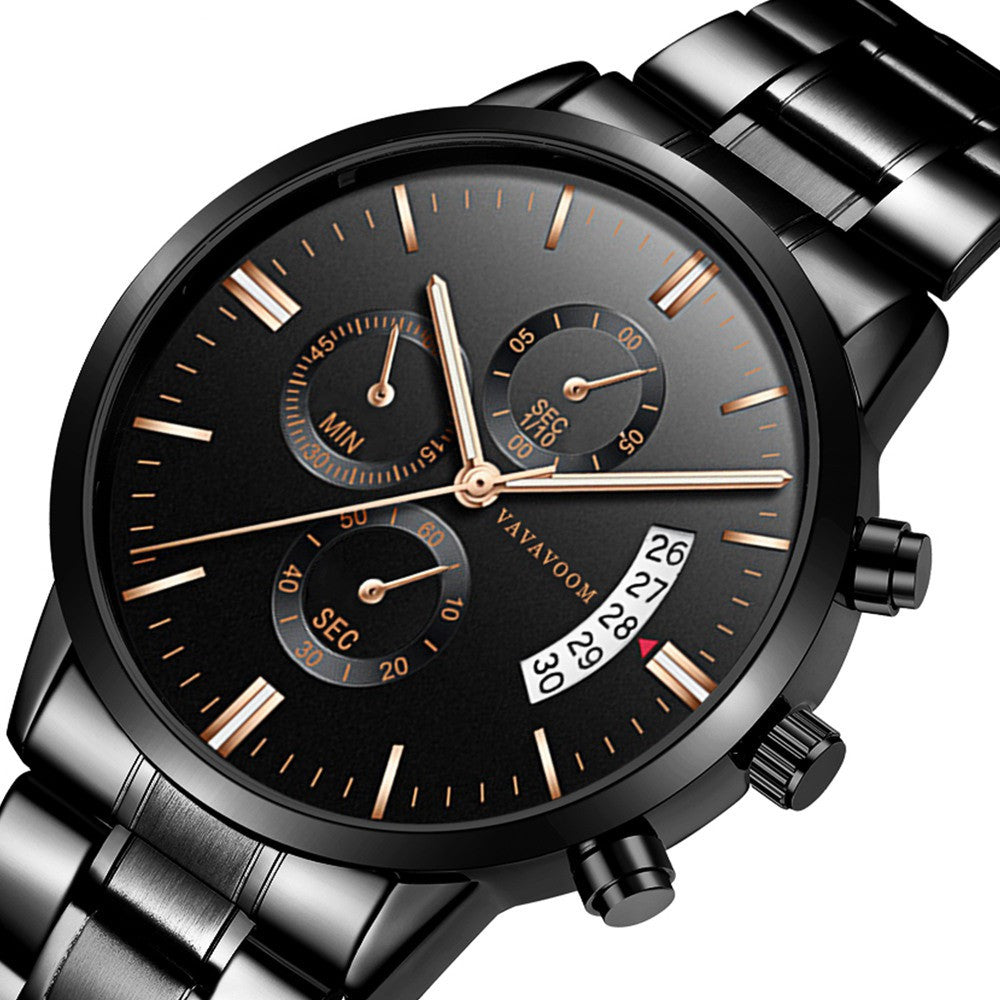 Men's Stainless Steel With Business Casual Calendar Quartz Watch Waterproof Black Fine Steel