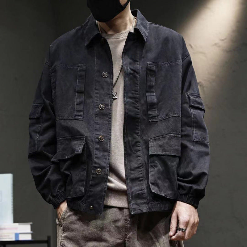 Loose-fitting Trendy Vintage Denim Jacket With Multiple Pockets