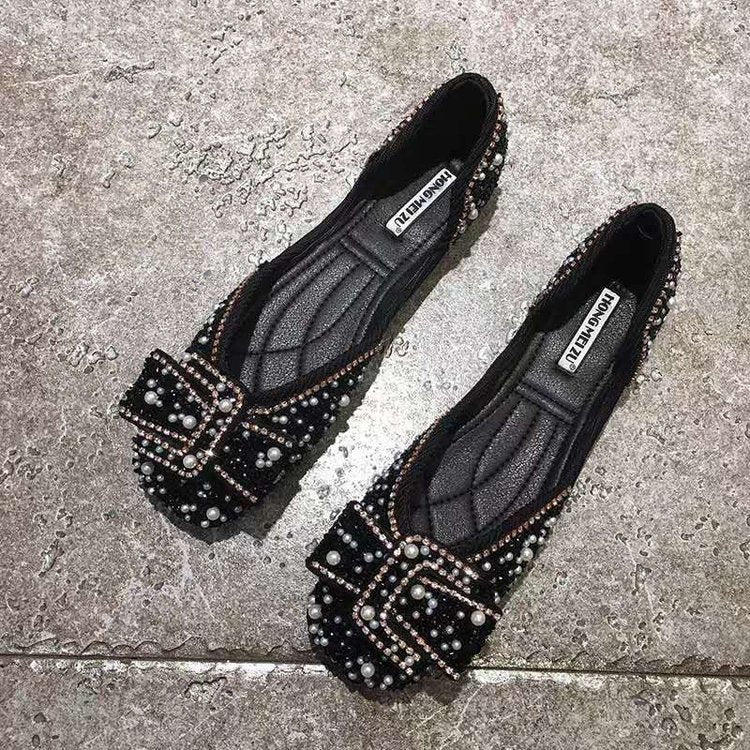 Pearl Rhinestone Shallow Mouth Square Toe Single  Flat Sole Women's Shoes