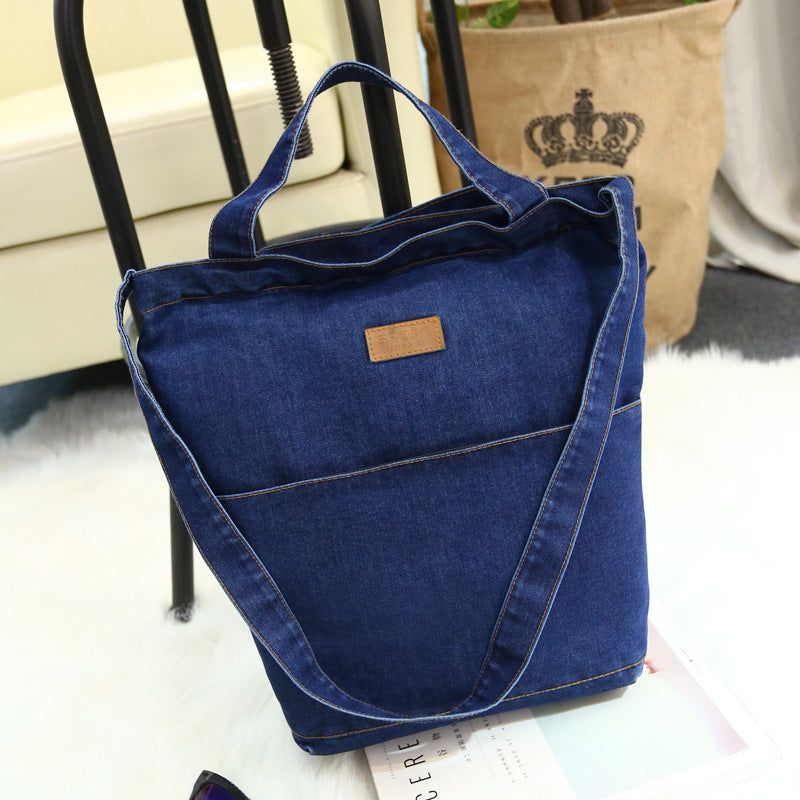 Retro skuldertaske i kanvas og denim til shopping