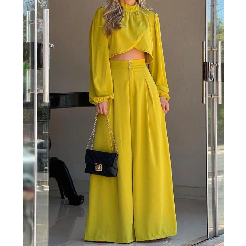 Womens Asymmetrical Top And High-waisted Wide-leg Pants Set