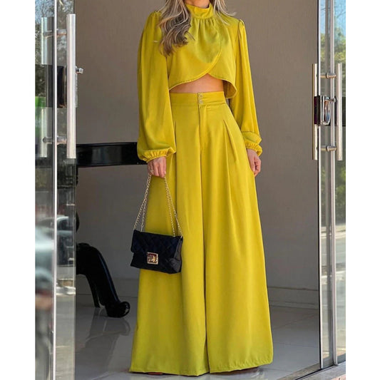 Womens Asymmetrical Top And High-waisted Wide-leg Pants Set