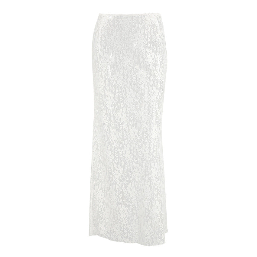 White Sheer Lace Elastic-waist Midi Skirt Long Dress