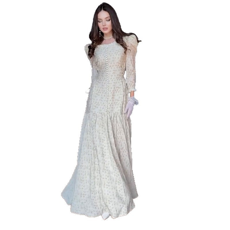 Womens Pearl Single-Breasted Slim-Fit Ruffle-Trim Printed Maxi Dress