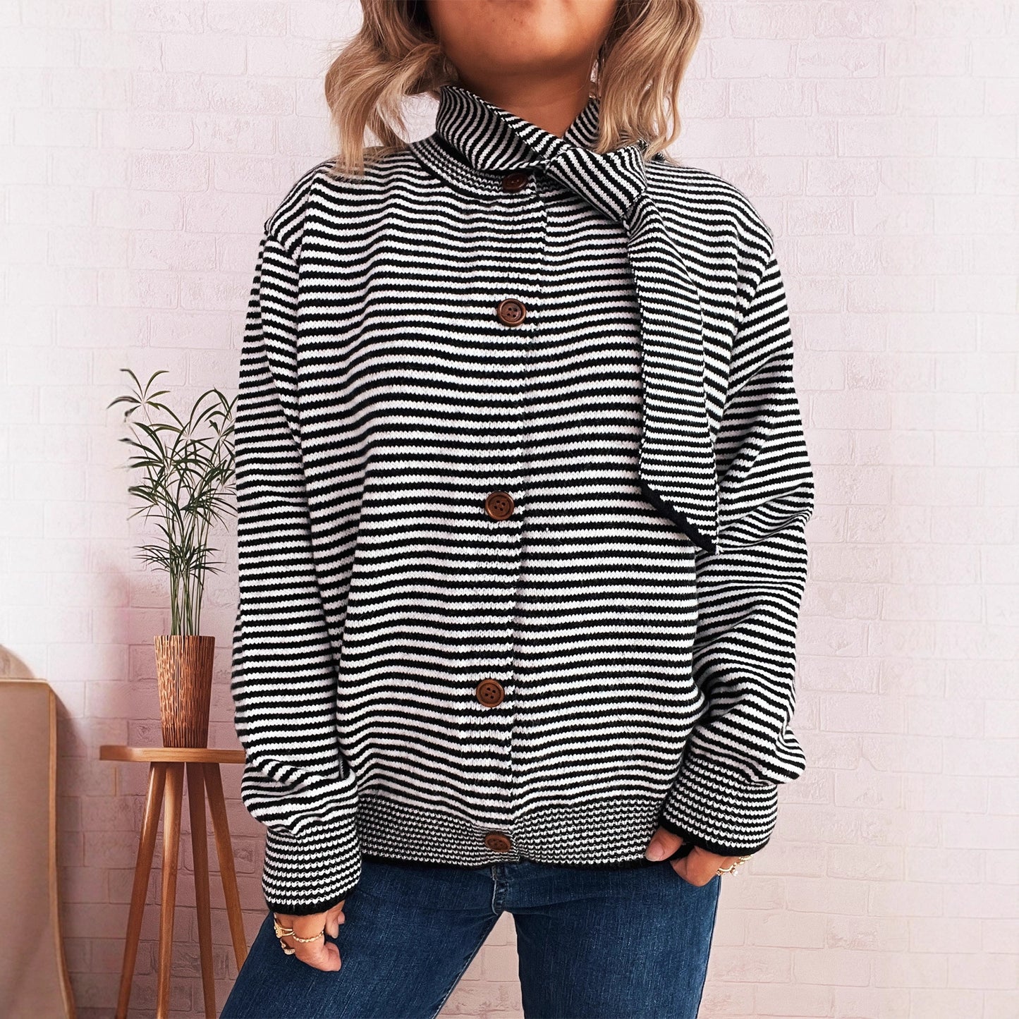 Elegant Retro Pinstripe Single-breasted Scarf Knitted Cardigan Sweater