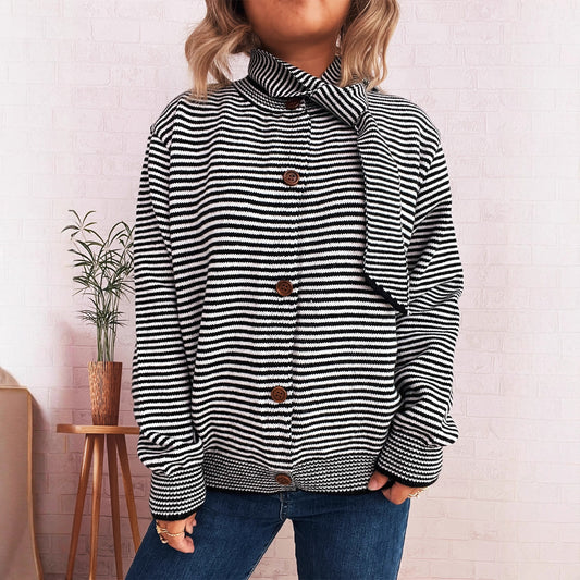 Elegant Retro Pinstripe Single-breasted Scarf Knitted Cardigan Sweater