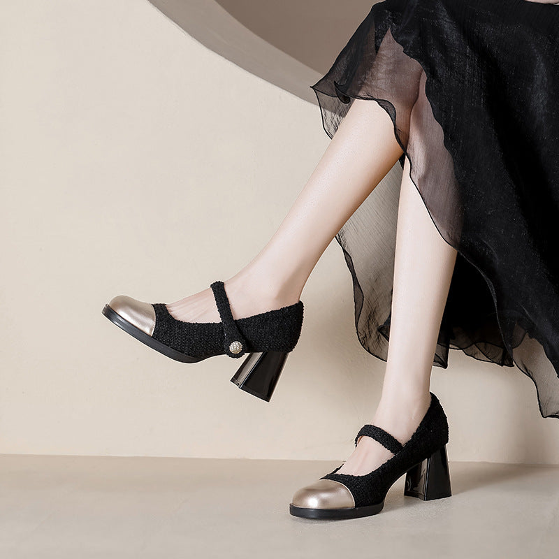 Retro Round Toe Color Matching Thick Heeled Shoes