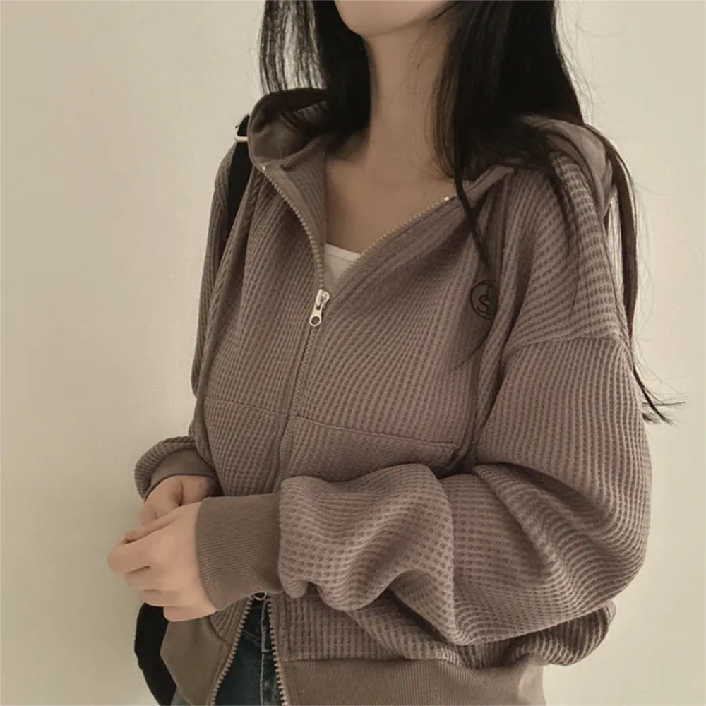 Korean Style Hooded Thin Waffle Sweater