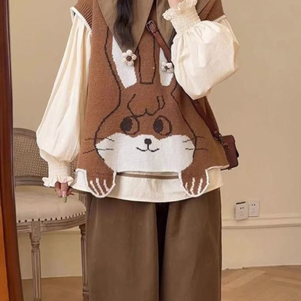 Autumn Doll Collar Shirt Brown Vest High Waist Wide Leg Pants