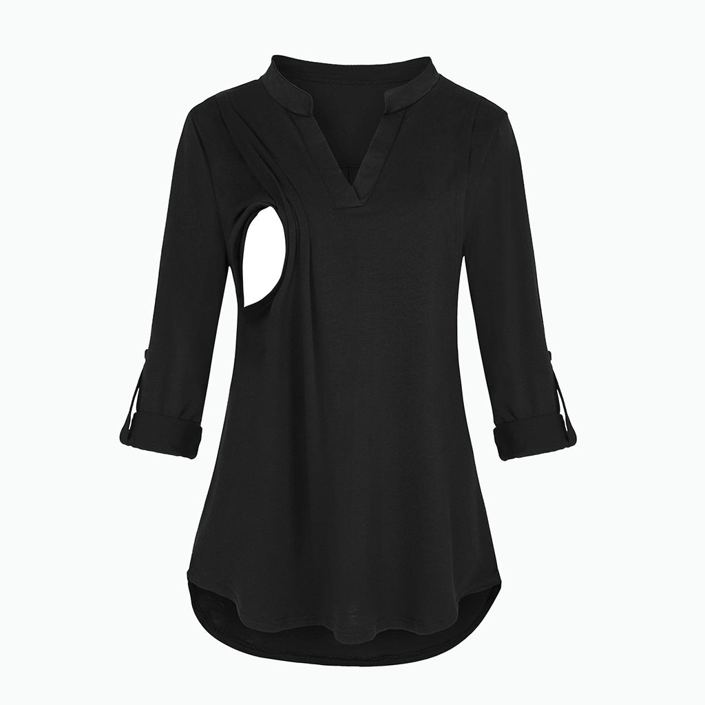 Plaid Printed Pregnant Woman Breastfeeding V-neck Long Sleeve Top