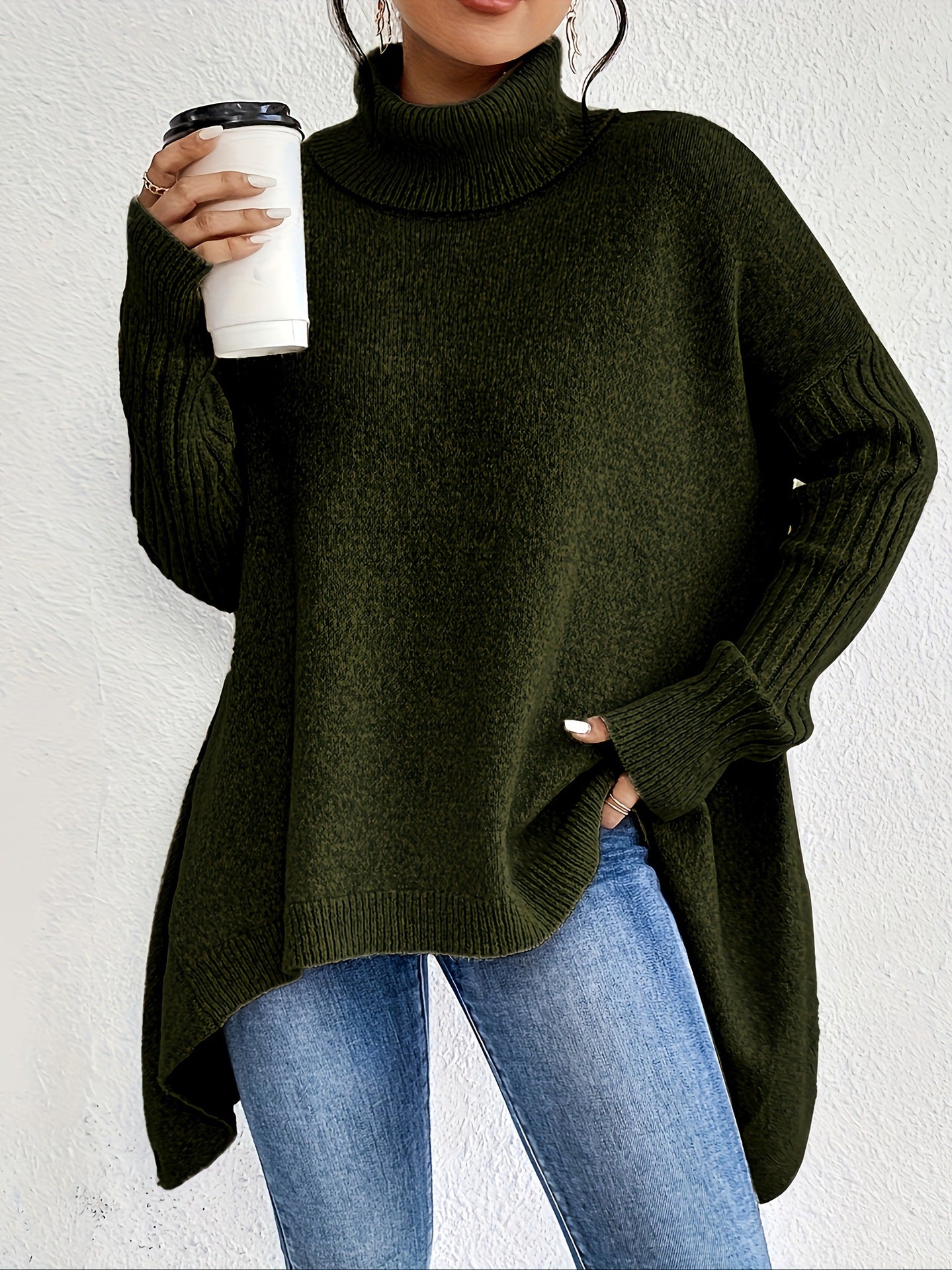 Uregelmæssig rullekrave-sweater Vinter løs langærmet striktoppe Fritids varm pullover-sweater Dametøj