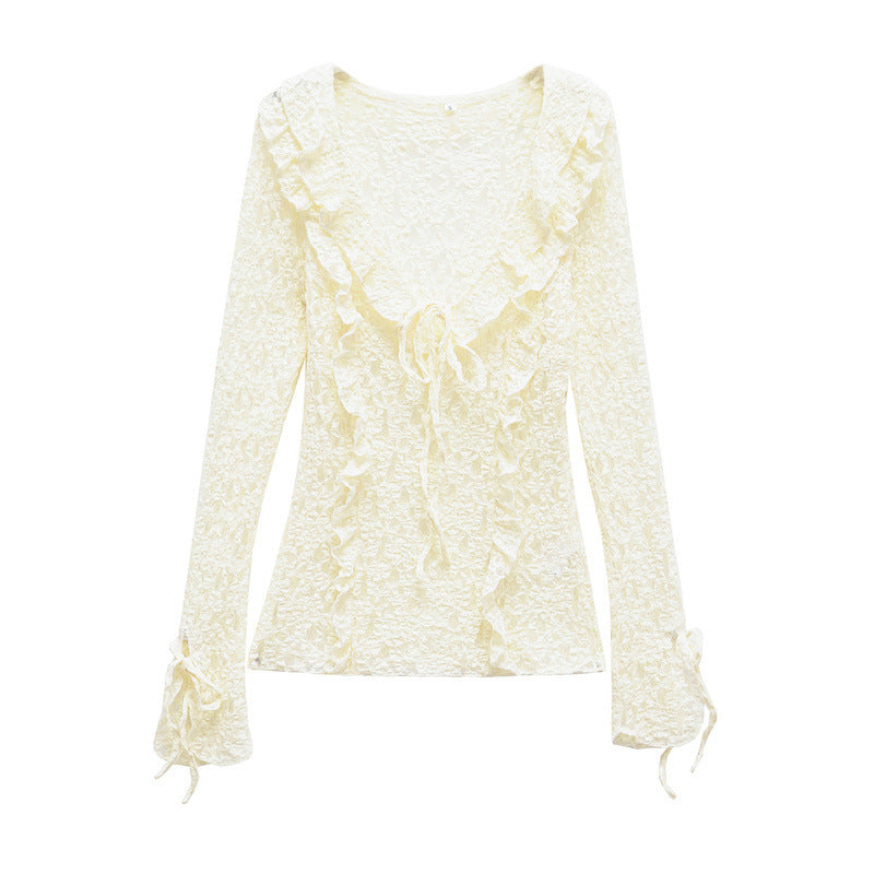 Spring And Summer Women's Long-sleeved Slim Lace Laminated Decoration Top