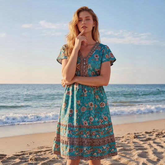 Womens Casual V-Neck Printed Dress