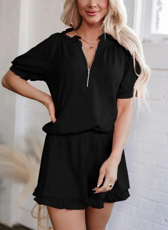 Womens Casual Zippered Fashion Solid-Color Short-Sleeve Two-Piece Set