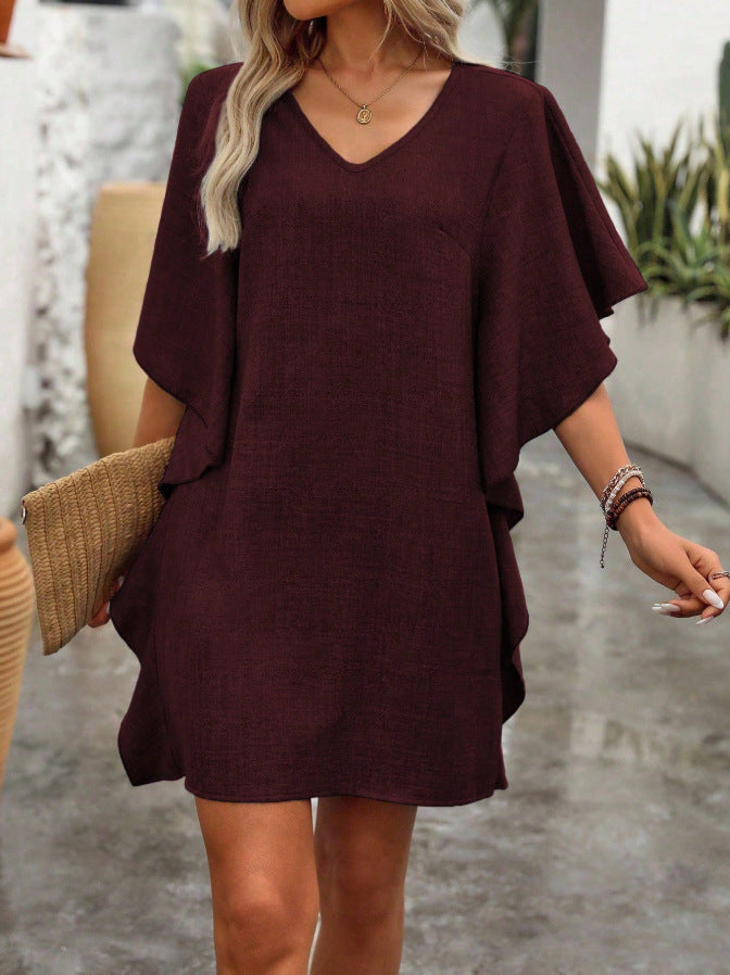 Solid-color Loose-fitting Flowing V-neck Dress With Ruffled Hem