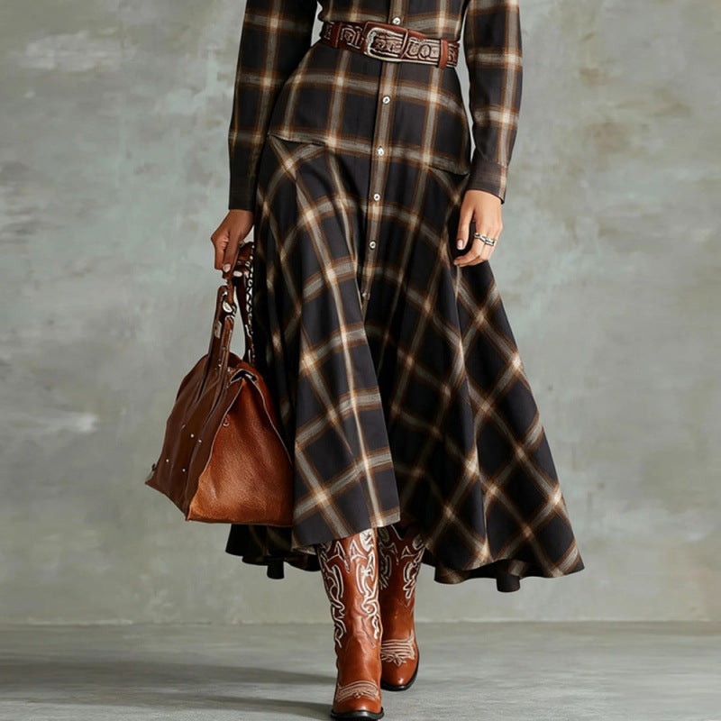 New Retro Chic Long-Sleeve Plaid Shirt Dress For Women