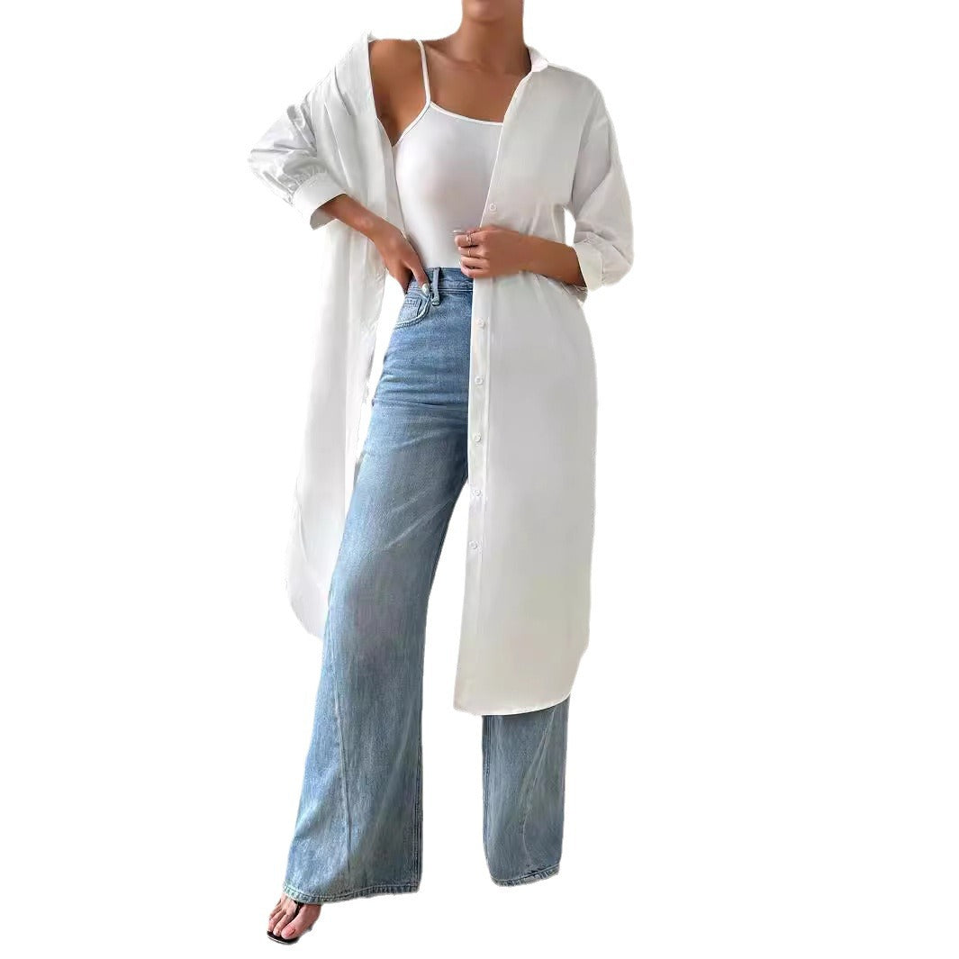 Womens Versatile Long Solid-color Cardigan With Three-quarter Sleeves