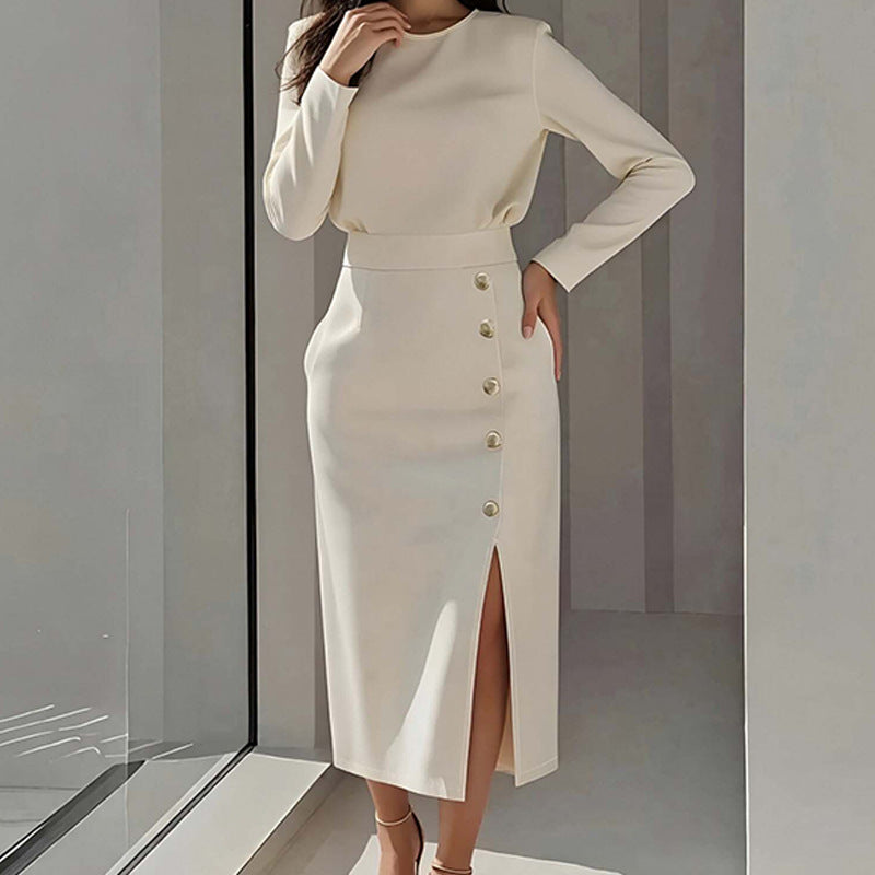 Womens Slim Elegant Formal Dress Maxi Skirt Solid-color Slit Workwear Dress