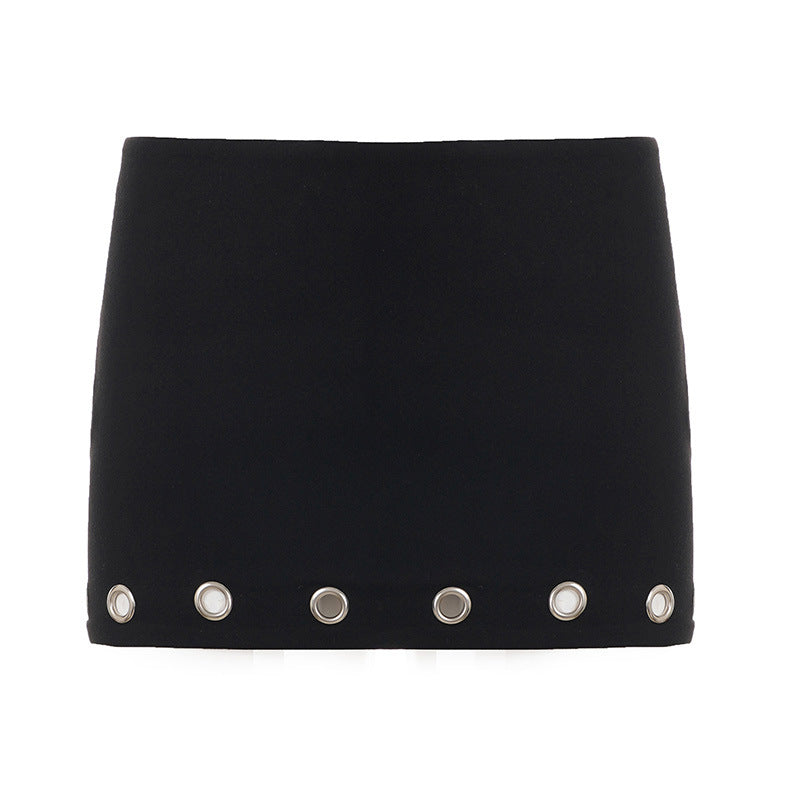 Metal Grommet-punched Low-rise Body-hugging Edgy Casual Style Solid-color Mini Skirt For Bold Chic Looks