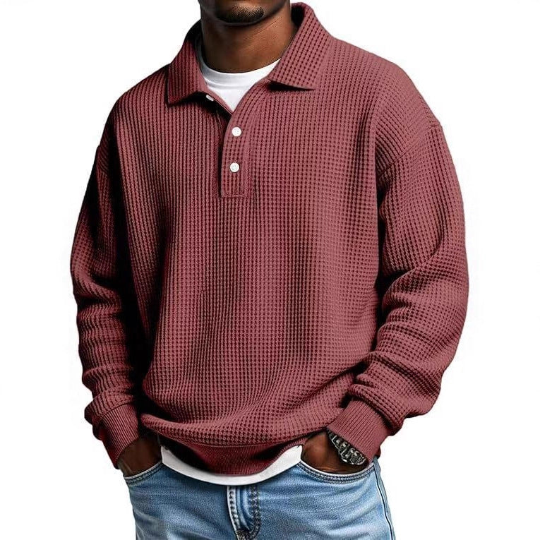 Men's Waffle-Knit Polo Shirt, Retro Solid-Color Top