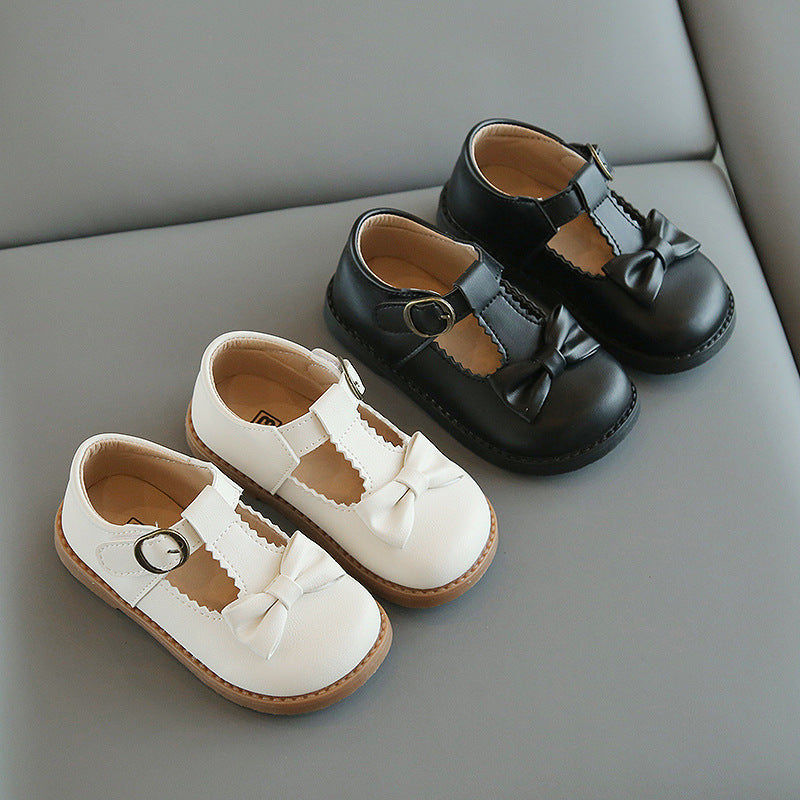 Children's Fashion Solid Color Bow Leather Shoes